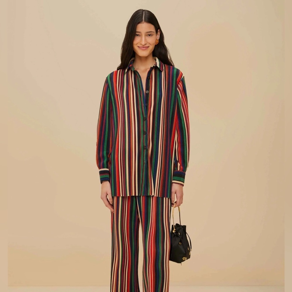 Farm Rio: Multicolor Pipa Stripes Pleated Shirt